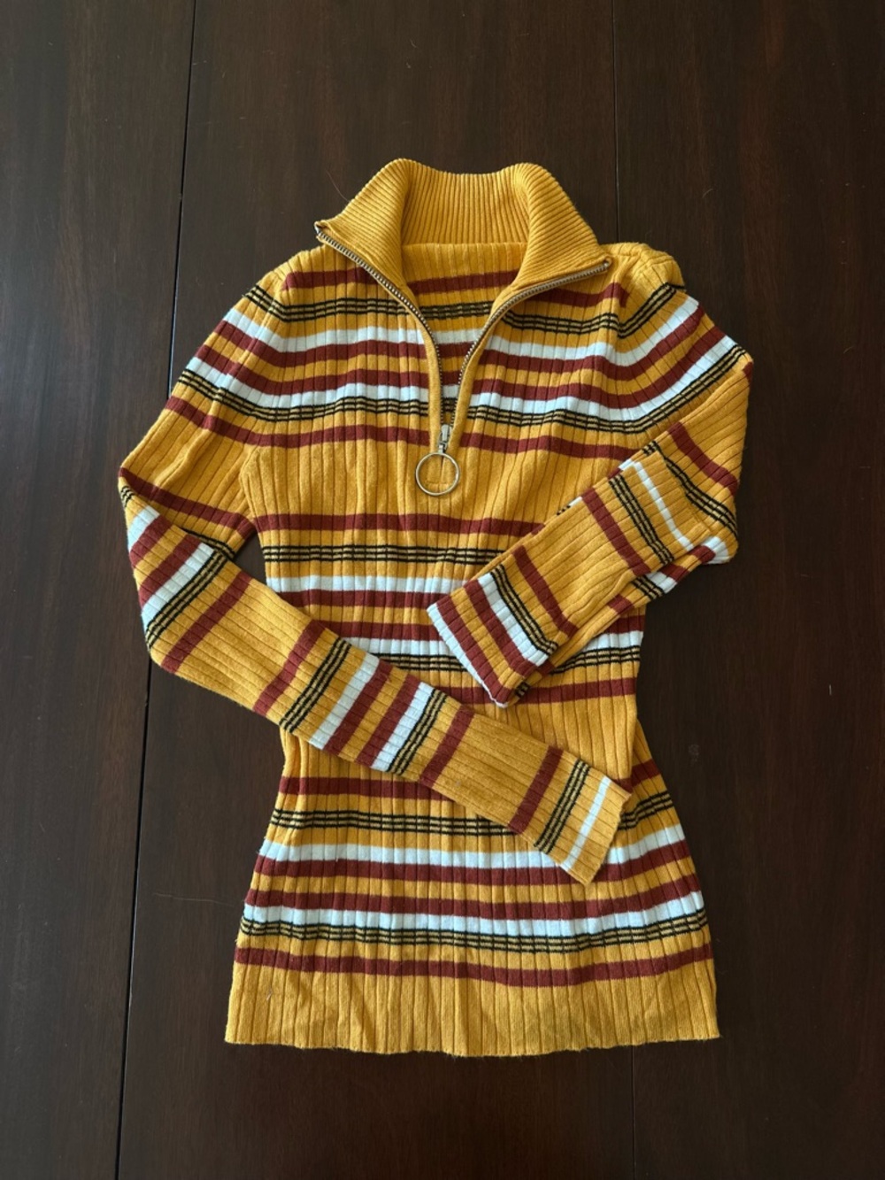 Striped Half-Zip Ribbed Sweater - Mustard, Burgundy & White